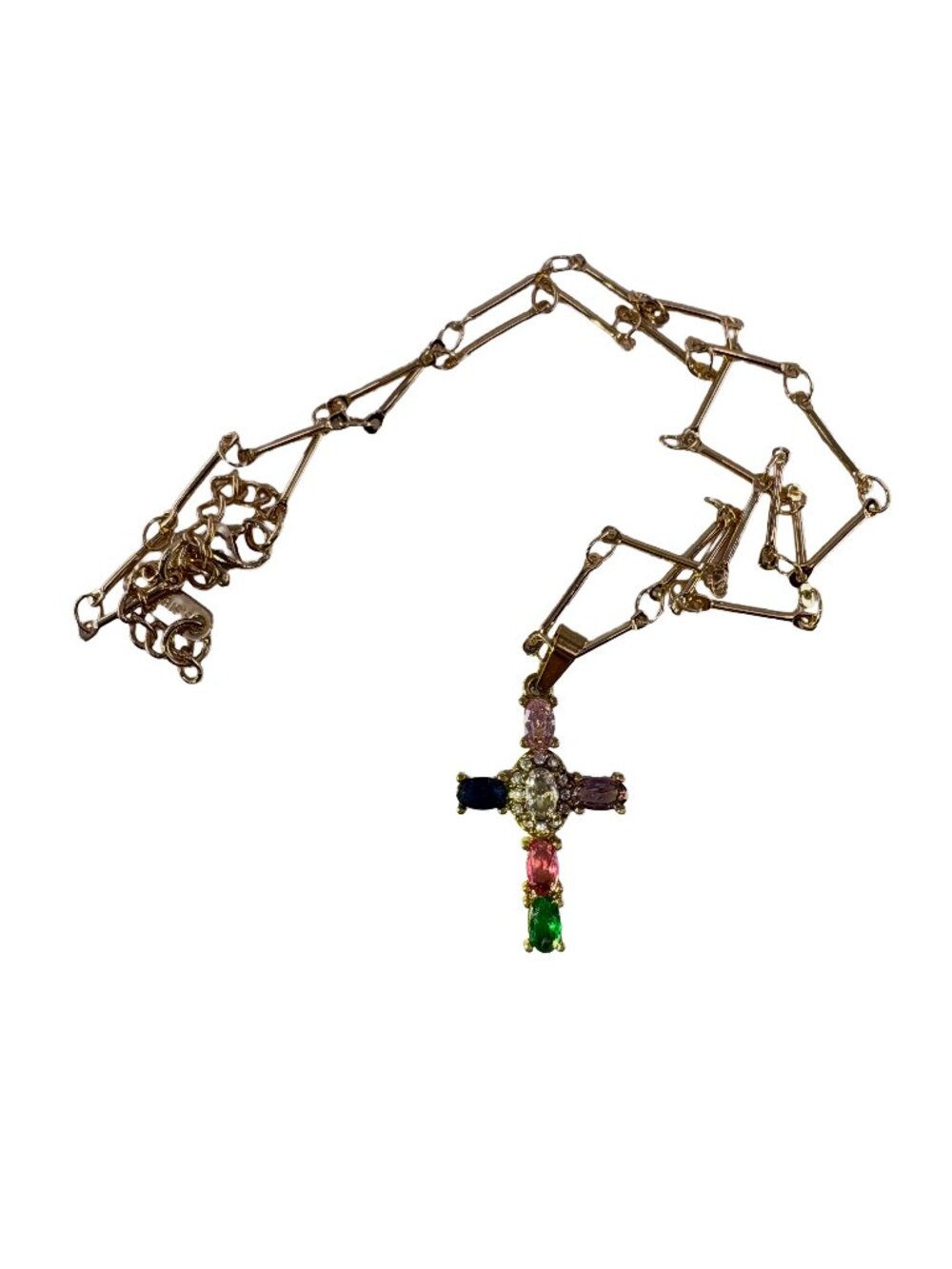 18K Gold Plated Stainless Steel Rainbow Crystal Cross Pendant 15.35+2" 5g
